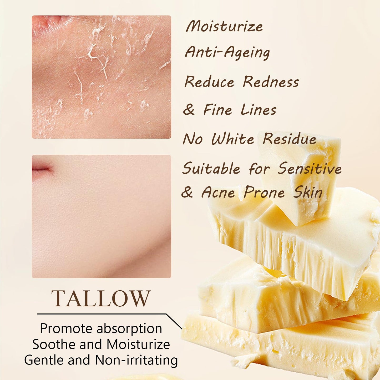 CTUBLIAUNX Zinc Oxide Sunscreen, Natural Tallow Sunscreen for Face & Body, Waterproof SPF50 Sun Block Lightweight & Anti-Ageing, All Day Sun Cream