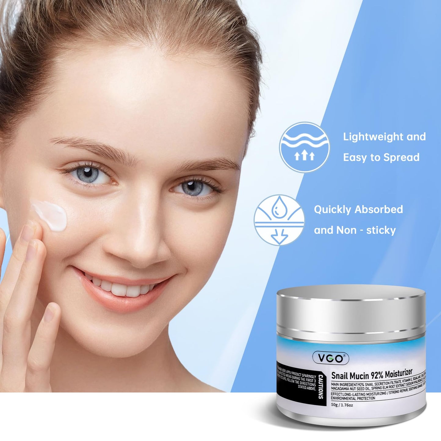 VGO Snail Mucin 92% Moisturizer Face Women Cream for Dry & Sensitive Skin, All Skin Types 50g