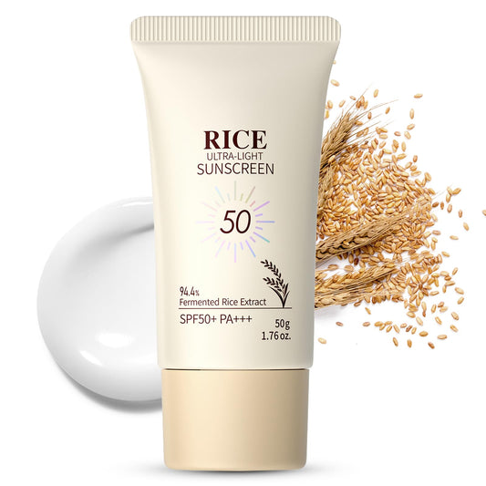 ThamGlow Rice Ultra-Light Sunscreen SPF 50+ PA +++, Rice Face Cream With SPF, Face Sun Cream Lightweight Non Greasy Sunscreen, Invisible UVA/UVB Protection, Hydrating Formula, No White Cast
