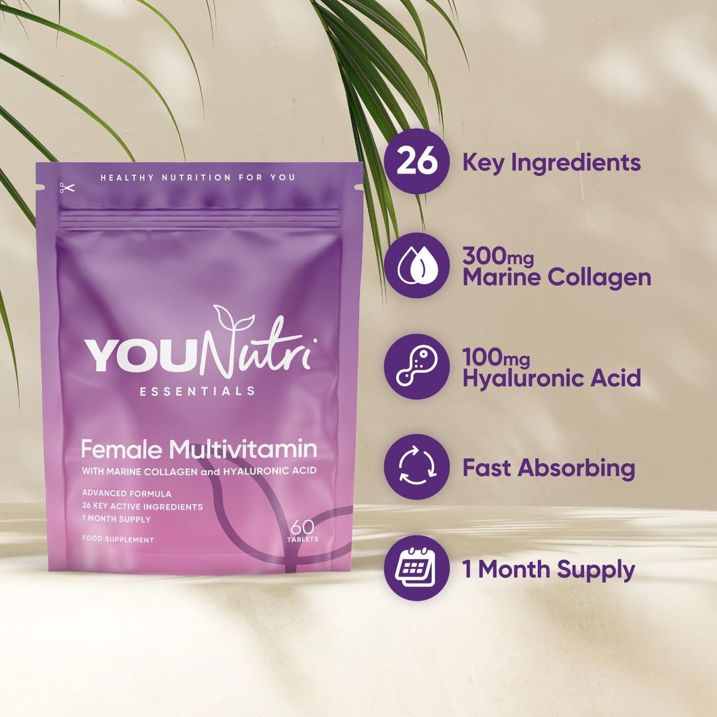 YouNutri Women's Multivitamins & Minerals with Marine Collagen & Hyaluronic Acid – 26 Essential Vitamins, Minerals, & Botanicals – UK GMP Manufactured and Lab Tested - 60 Tablets (1 Month Supply)