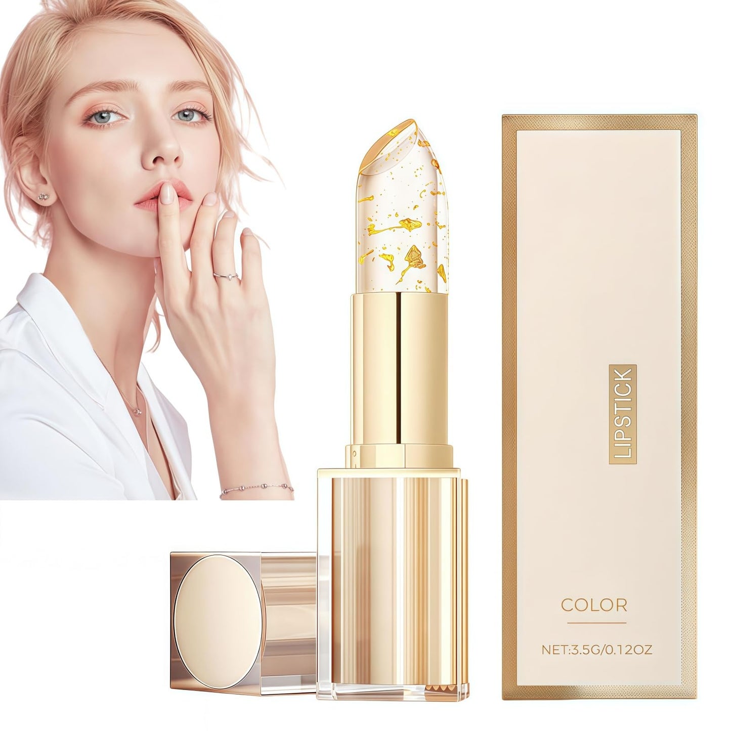 Fankayi Transfer-Proof Color Changing Lipstick with Gold Foil,Transparente Transferproof Gold Crystal Color Changing Lip Stick,24h Long-Lasting Hydration & Glossy Shine Lip Gloss,Colour Changing Lipstick