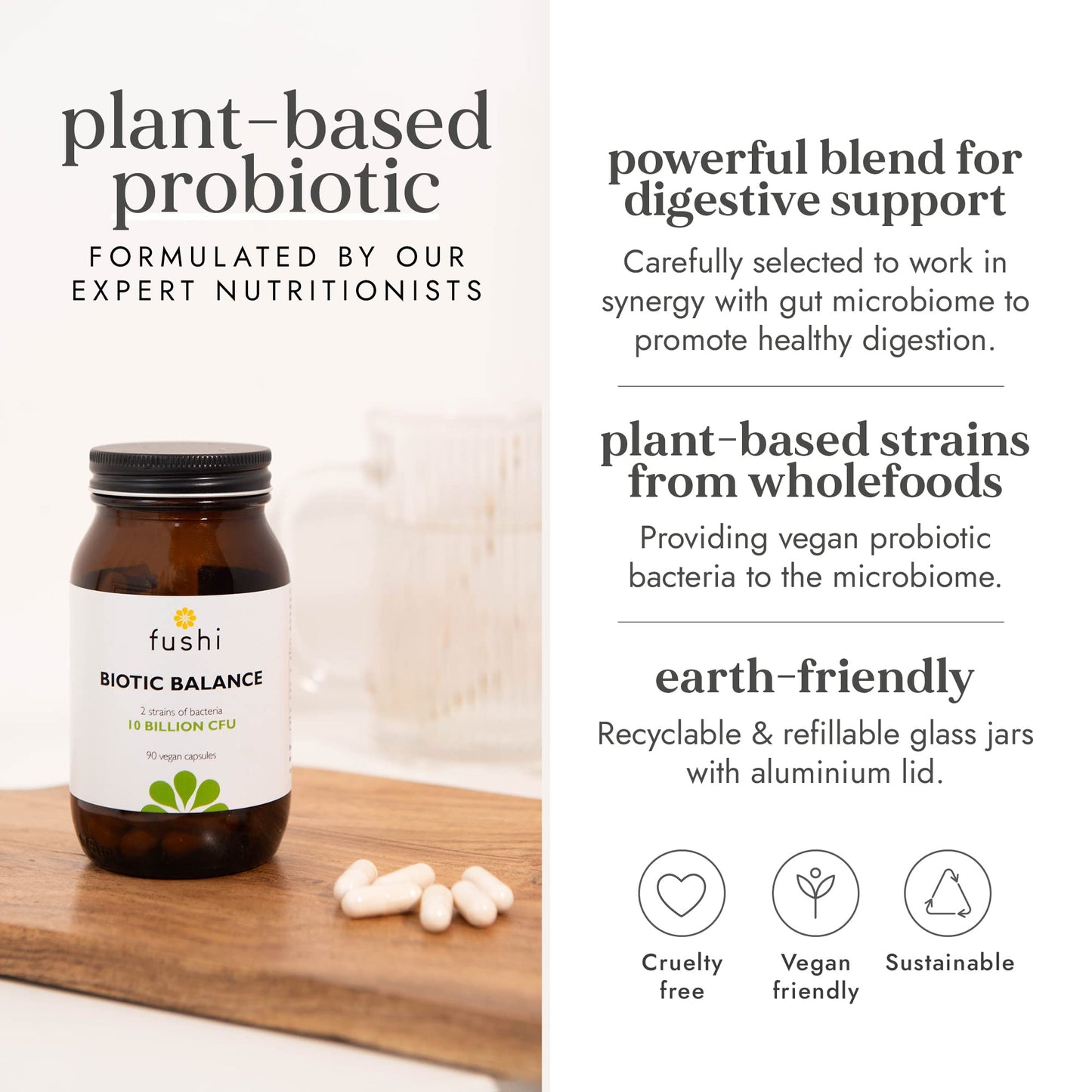 Fushi Biotic Vegan Balance 10 bn cfu Capsules, 90 Caps |Rich in Multi-Strain & Vitamin C | Contains FOS | for Vegetarians & Vegans | Made in The UK