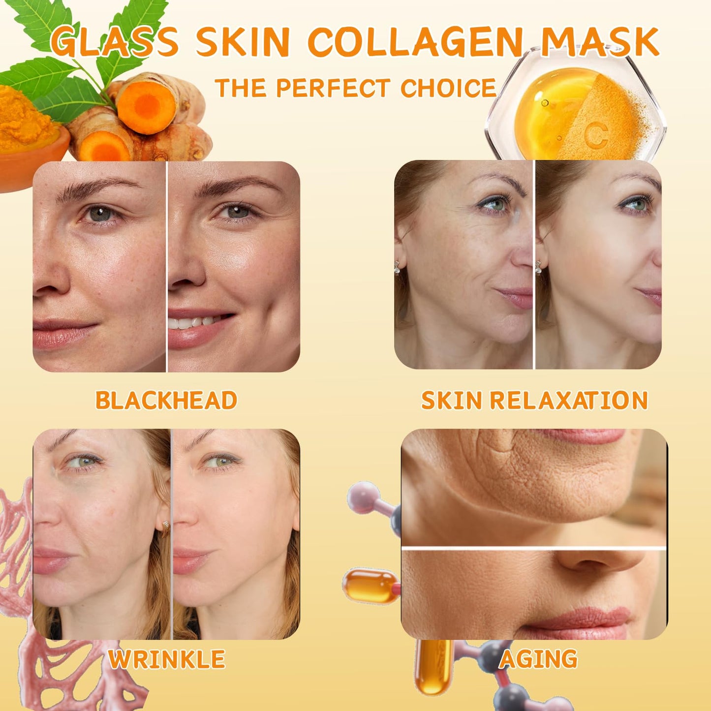 IZBEAUVO Turmeric Collagen Night Wrapping Mask - Peel Off Face Mask for Pore Tightening, Anti-Aging & Blackhead Removal with Vitamin C & Collagen Gel, Hydrating Exfoliating Gel Treat for Dull Skin.
