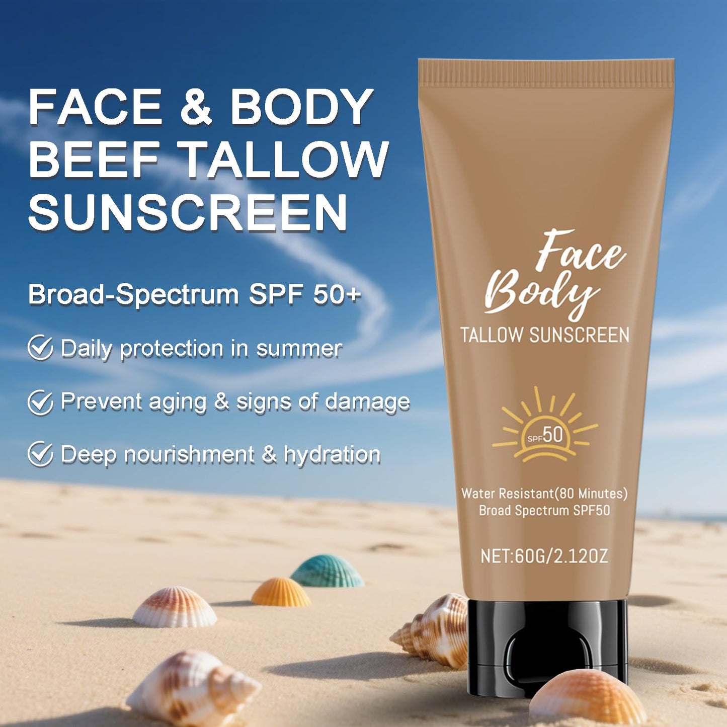 Lumiter Tallow Sunscreen SPF 50+ Broad Spectrum, Face Body Sunscreen, Beef Tallow Skincare, Water Resistant, 60g