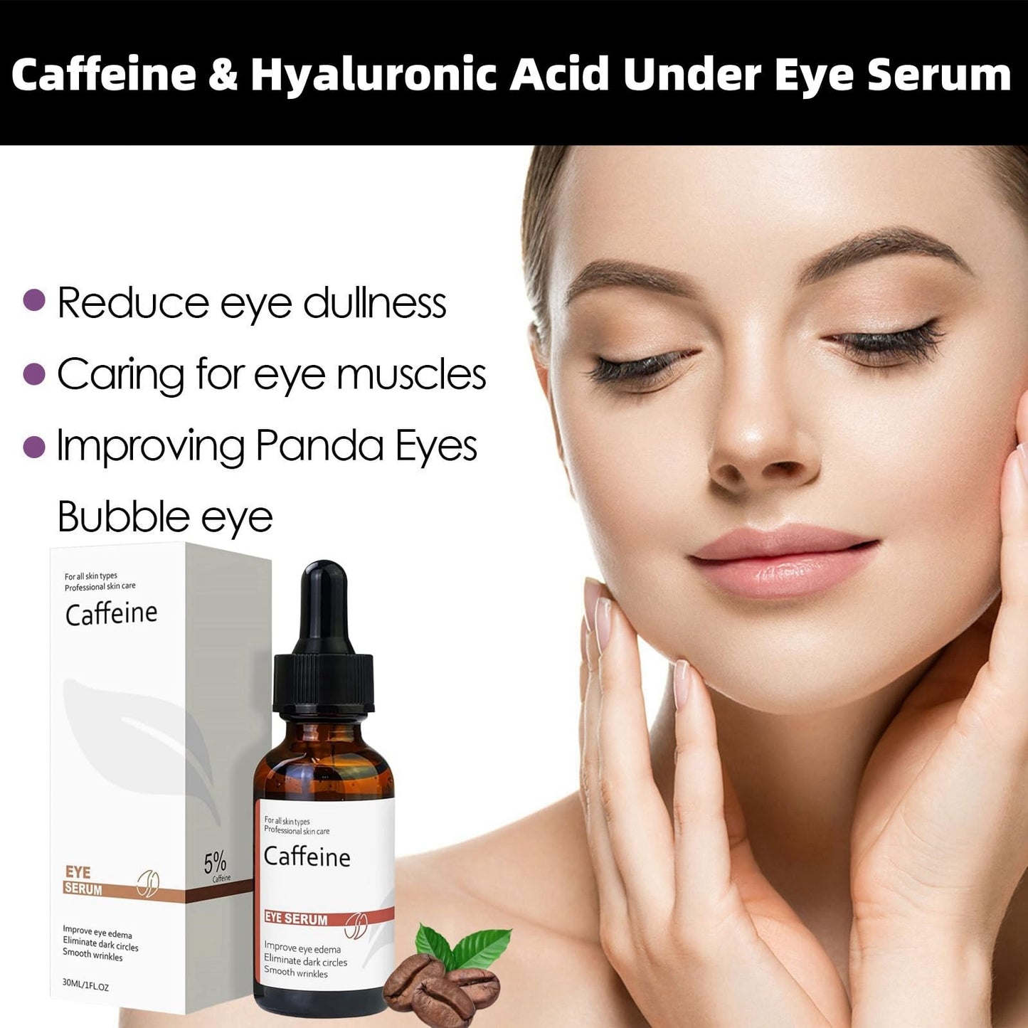 Jinjiar Caffeine & Hyaluronic Acid Under Eye Serum,Caffeine Eye Serum,Under Eye Cream for Dark Circles and Puffy Eyes,Eye Serum for Dark Circles,Eye Cream Anti Aging,Firming Eye Cream,Under Eye Treatment