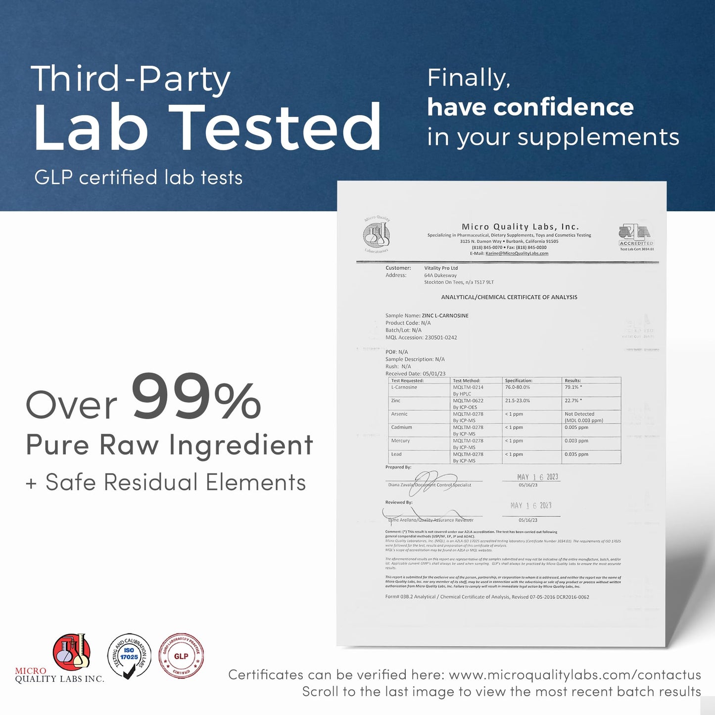 Zinc L-Carnosine 37mg x 120 Capsules - Over 99% Purity Third Party Tested - Gut Health Zinc L-Carnosine Supplement - Vitality Pro