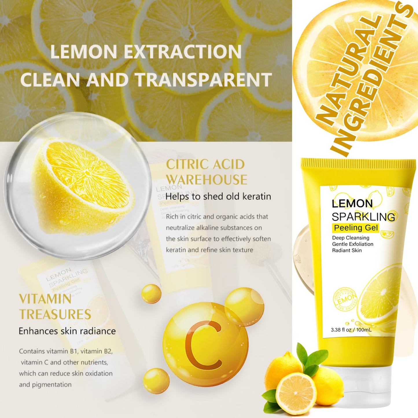 Trendyfave Lemon Peeling Gel, Vita Lemon Face Scrub Exfoliator with Purifying Exfoliating Gel – Vitamin C & Niacinamide for Glowing Skin, Face Exfoliator Scrub for Radiant Skin, Face & Body &Knee (100ml)