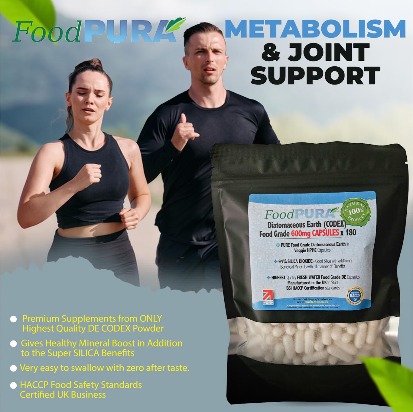 FoodPURA Food Grade Diatomaceous Earth Capsules (Codex) Pure White 94% Silica Fresh Water Sourced 600mg (180)