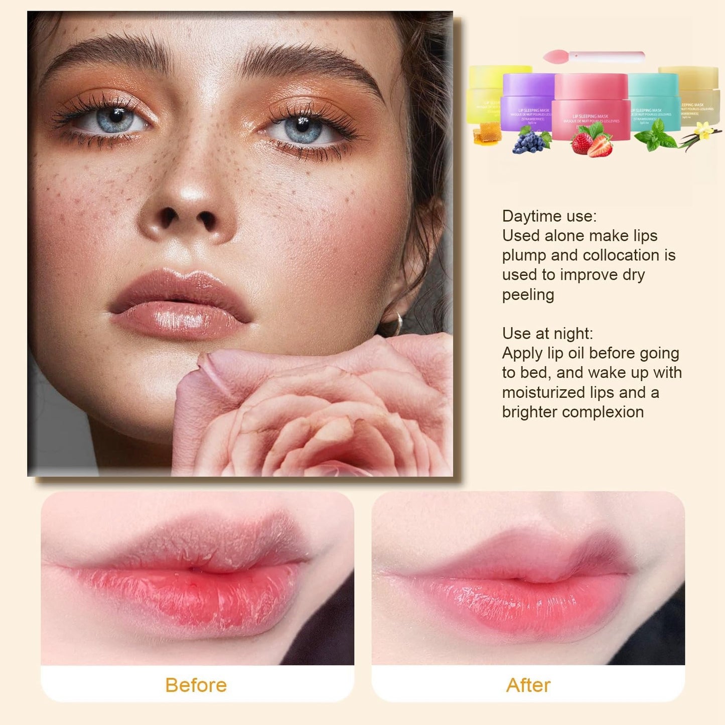 Jinjiar 5PCS Lip Sleeping Mask,Lip Balm Set with Stick,Day and Night Repair Lip Balm,Lip Mask Overnight,Lip Balm for Chapped Cracked Dry Lips,Glossier Lip Balm,Hydrating Lip Balm,Lip Moisturiser,Lip Care