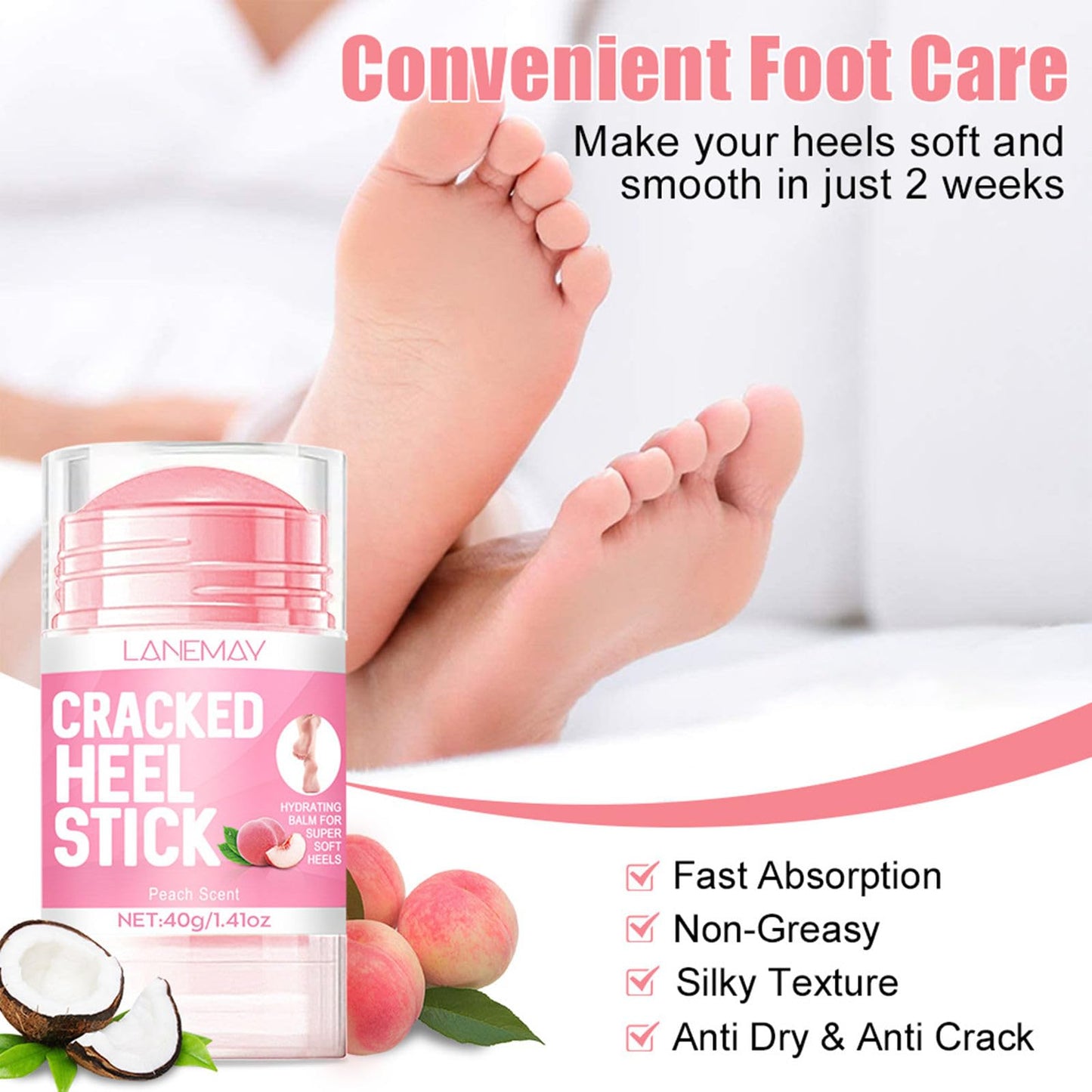 Cracked Heel Repair Stick Foot Cream with Peach Scent Heel Balm Stick Peach Foot Moisturiser Cream for Dry Cracked Feet Knees Hands Elbows Foot Care for Men and Women 40g