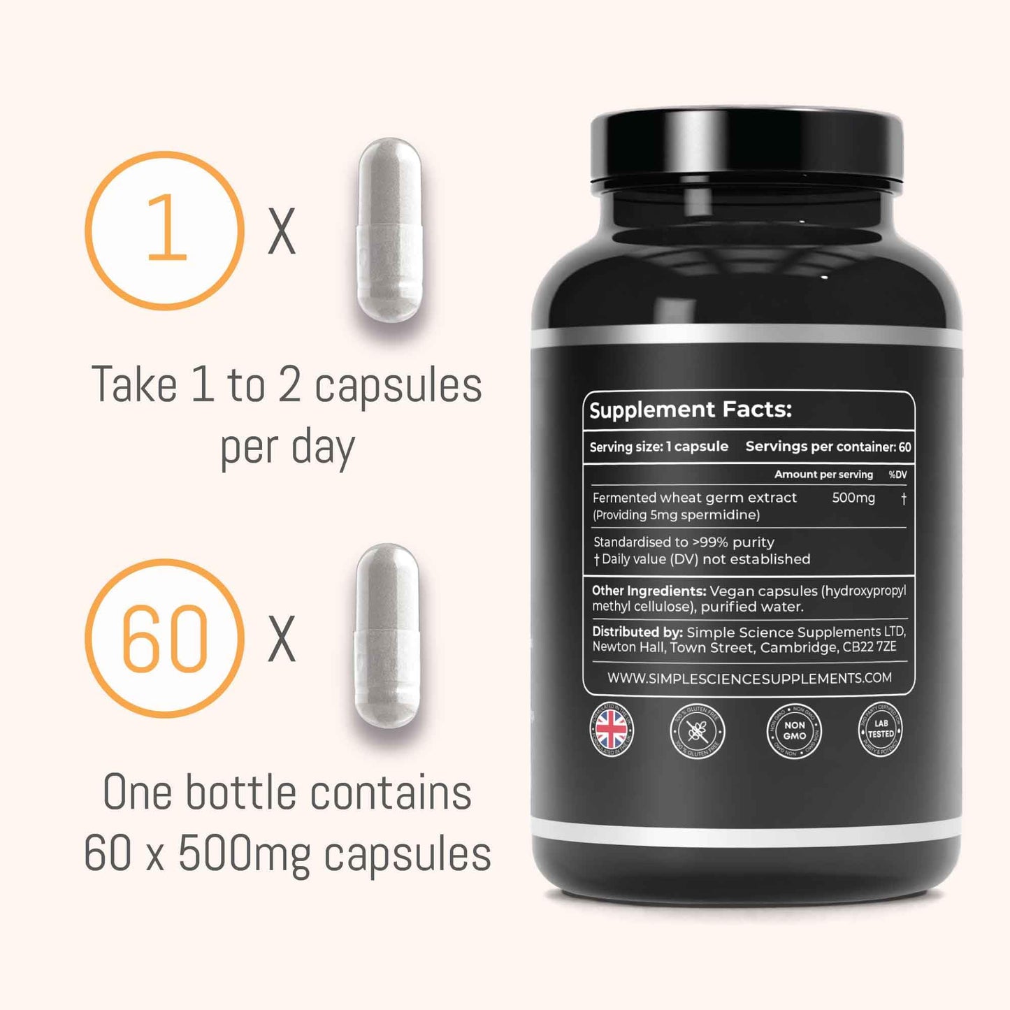 Simple Science Ultra Pure SPERMIDINE | 60 Servings | 99% Pure Spermidine Content | 5mg per Capsule | Anti-ageing & Longevity Supplement | Lab Tested | 100% Natural and Non-GMO