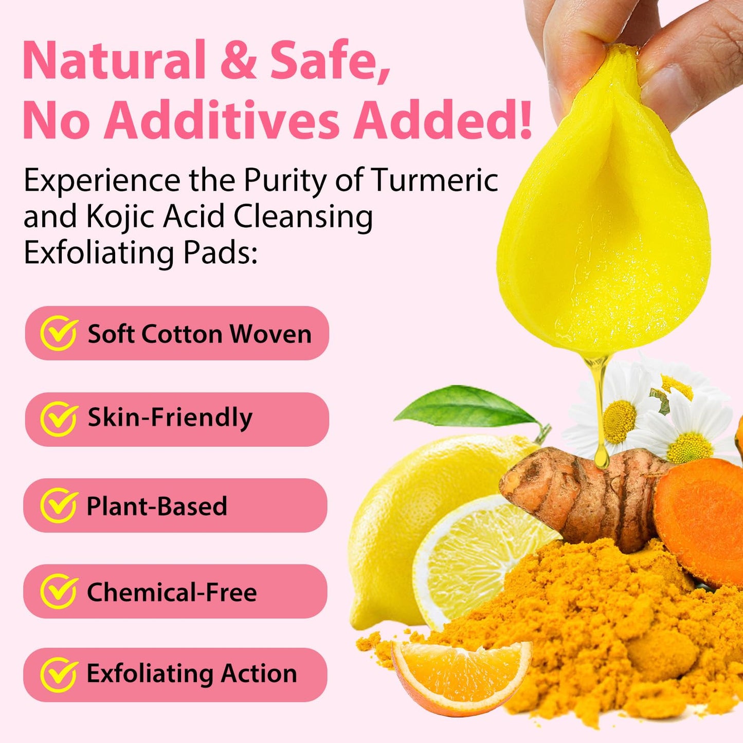 Buyourtaste Kojic Acid and Turmeric Pads 50Pcs, Turmeric Kojic Acid Cleaning Pads, Turmeric Face Pad, Turmeric Exfoliating Foaming Pads, Facial Sponges for Cleansing, Fade Acne, Dark Spots, Hyperpigmentation (1)