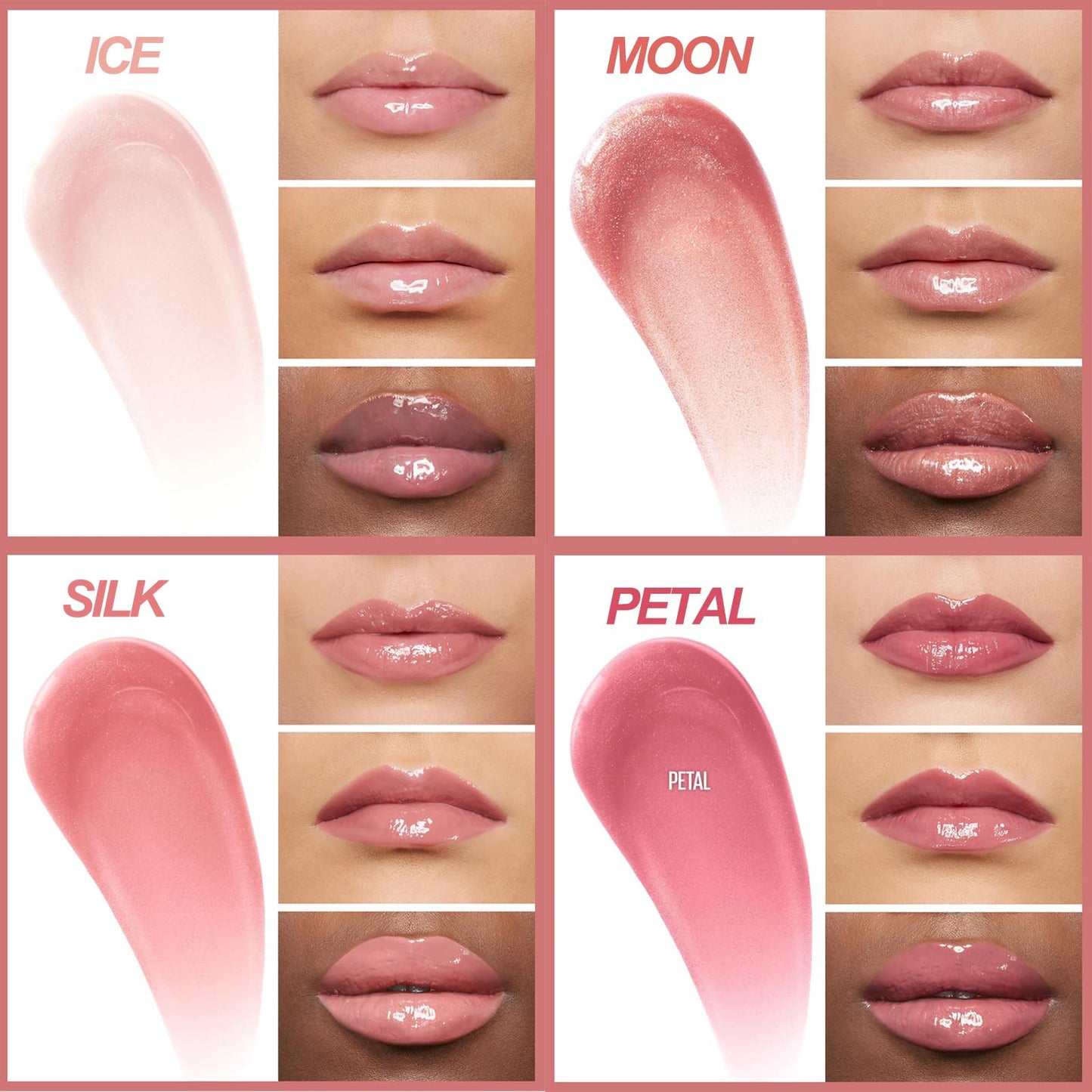 Skynest 4 Pcs Hydrating Lip Gloss, ICE/MOON/SILK/PETAL High Moisturizing Oil Tint with Hyaluronic Acid, High Shine for Plumper Looking Lips (#A)