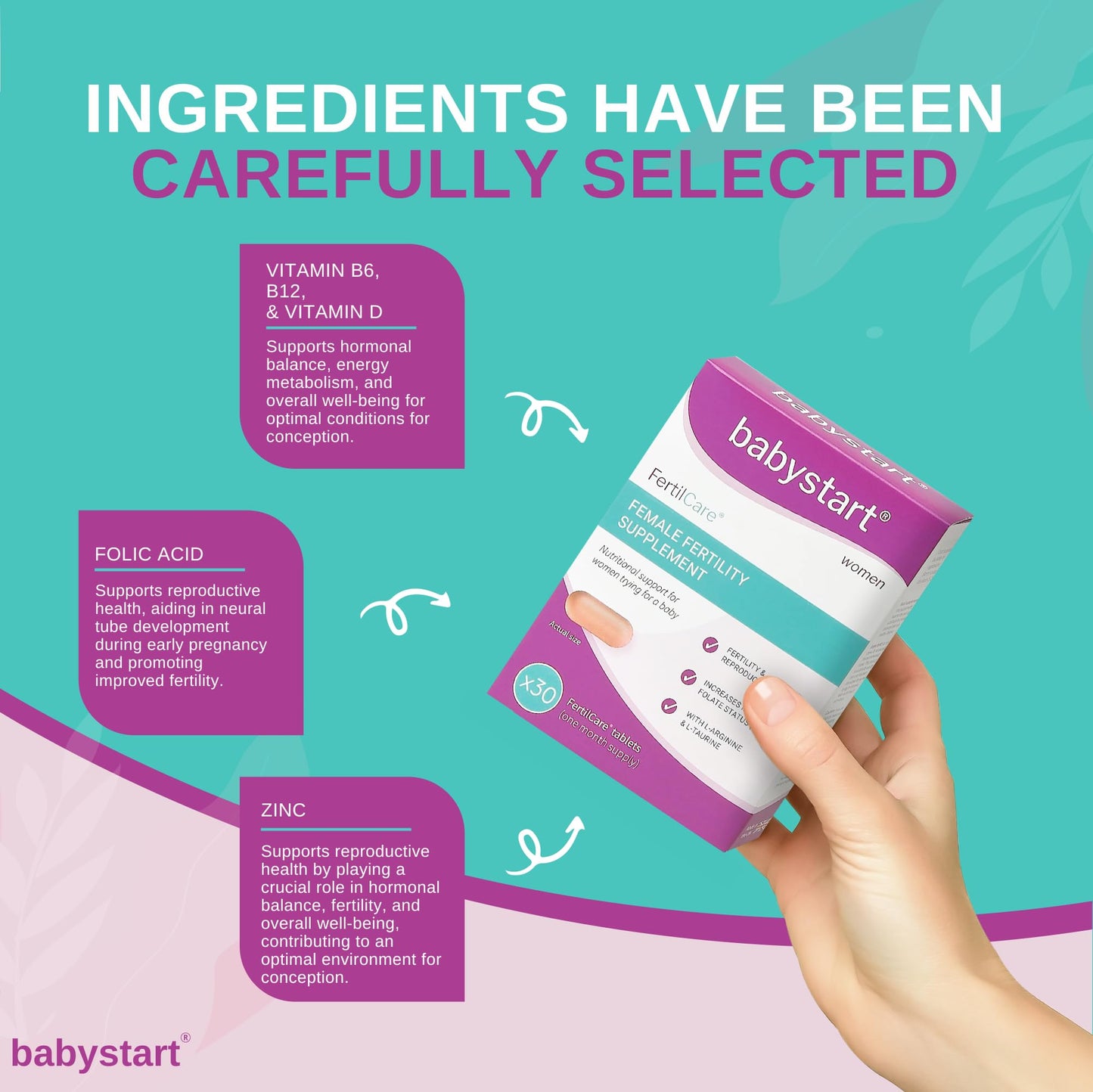 Babystart Fertility Supplements for Women - FertilCare 30 Tablets, 1 Month Supply, Prenatal vitamins and Minerals including Folic Acid, Vitamins B, C, D, E for Conception and Nutritional Support
