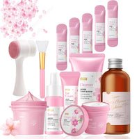 18PCS Sakura Skin Care Sets & Kits, Skin Care For Teenage Girls, Skin Care Set Pamper Set, Women Beauty Gift Set, Teen Girl Gifts,Cleanser,Hydrosol,Serum,Cream,Eye Cream,Mask,Lip Mask,Mud Mask,Brush