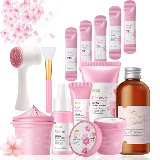 18PCS Sakura Skin Care Sets & Kits, Skin Care For Teenage Girls, Skin Care Set Pamper Set, Women Beauty Gift Set, Teen Girl Gifts,Cleanser,Hydrosol,Serum,Cream,Eye Cream,Mask,Lip Mask,Mud Mask,Brush