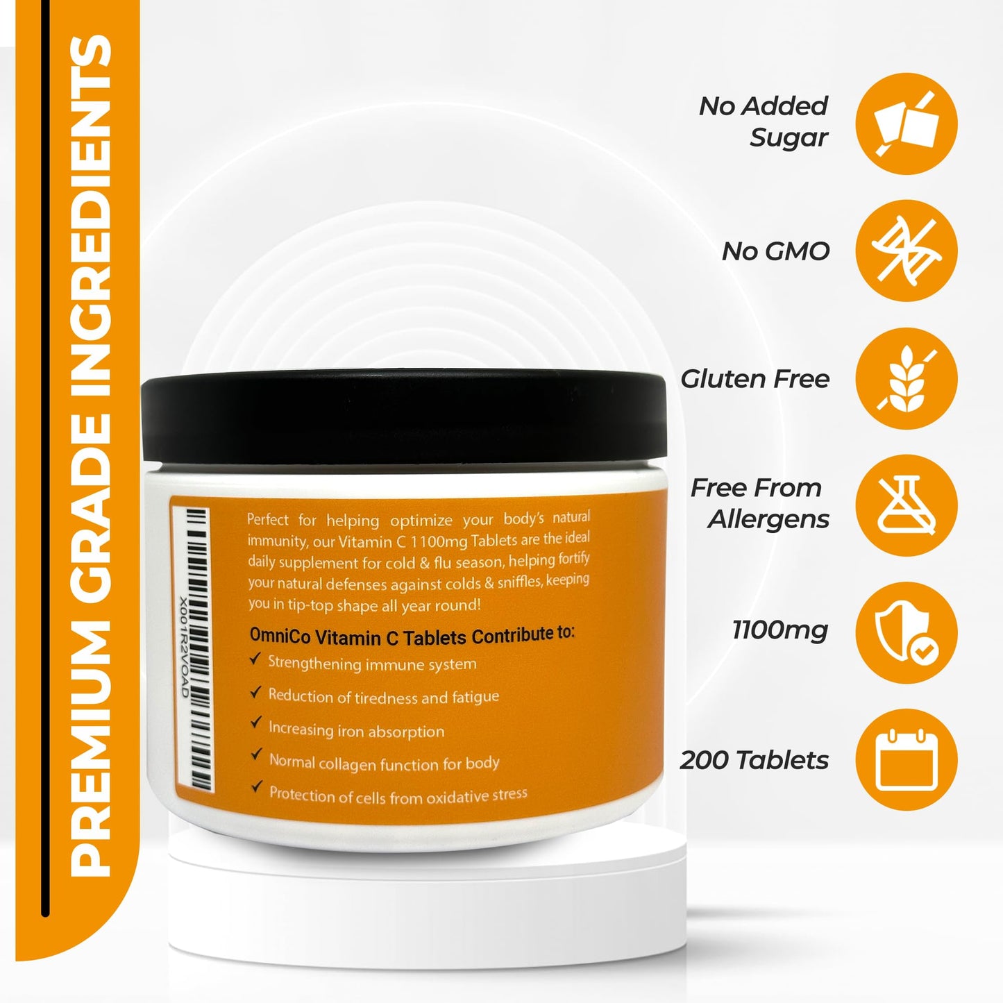 OmniCo Vitamin C Tablets – 1100mg – 200 Vegan Tablets - Vitamin C for Immunity Support, VIT C Supplement for Immune System, Hair, Skin & Nails Vitamins for Women & Men, High Strength Vitamin C