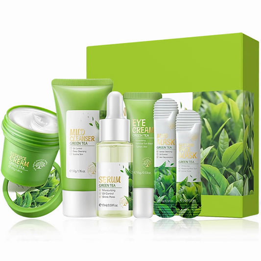 mercham Green Tea Skincare Set for Teenagers Girls, Pamper Gifts for Women, Includes Cleanser-Eye Cream-Serum-Face Cream-Clay Mask-Sleep Mask, Preppy Skincare Suitable for All Skin Types