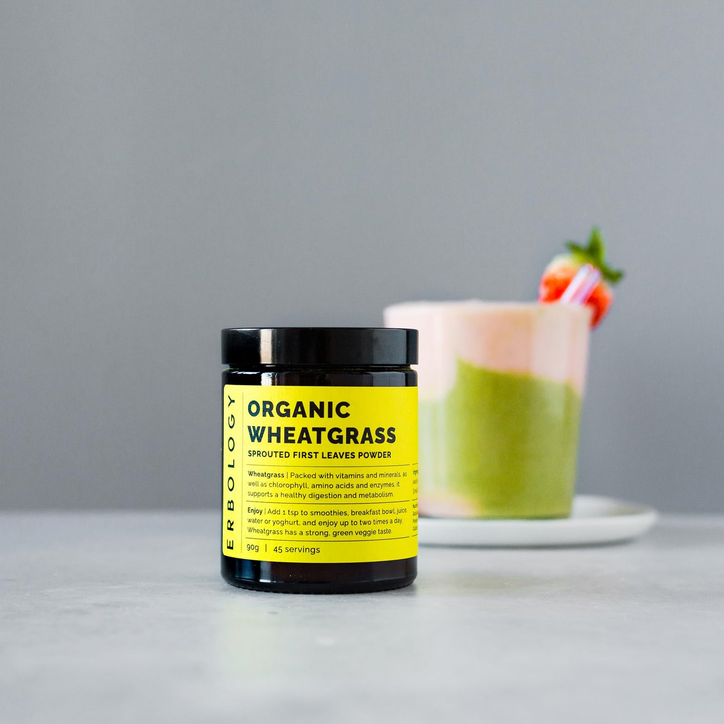 Erbology Organic Wheatgrass Powder 90g - 45 Servings - Body Cleansing and Gut Health Support - Rich in Chlorophyll and Iron - Sustainably Sourced in Europe - Small Batch - Vegan - GMO-Free
