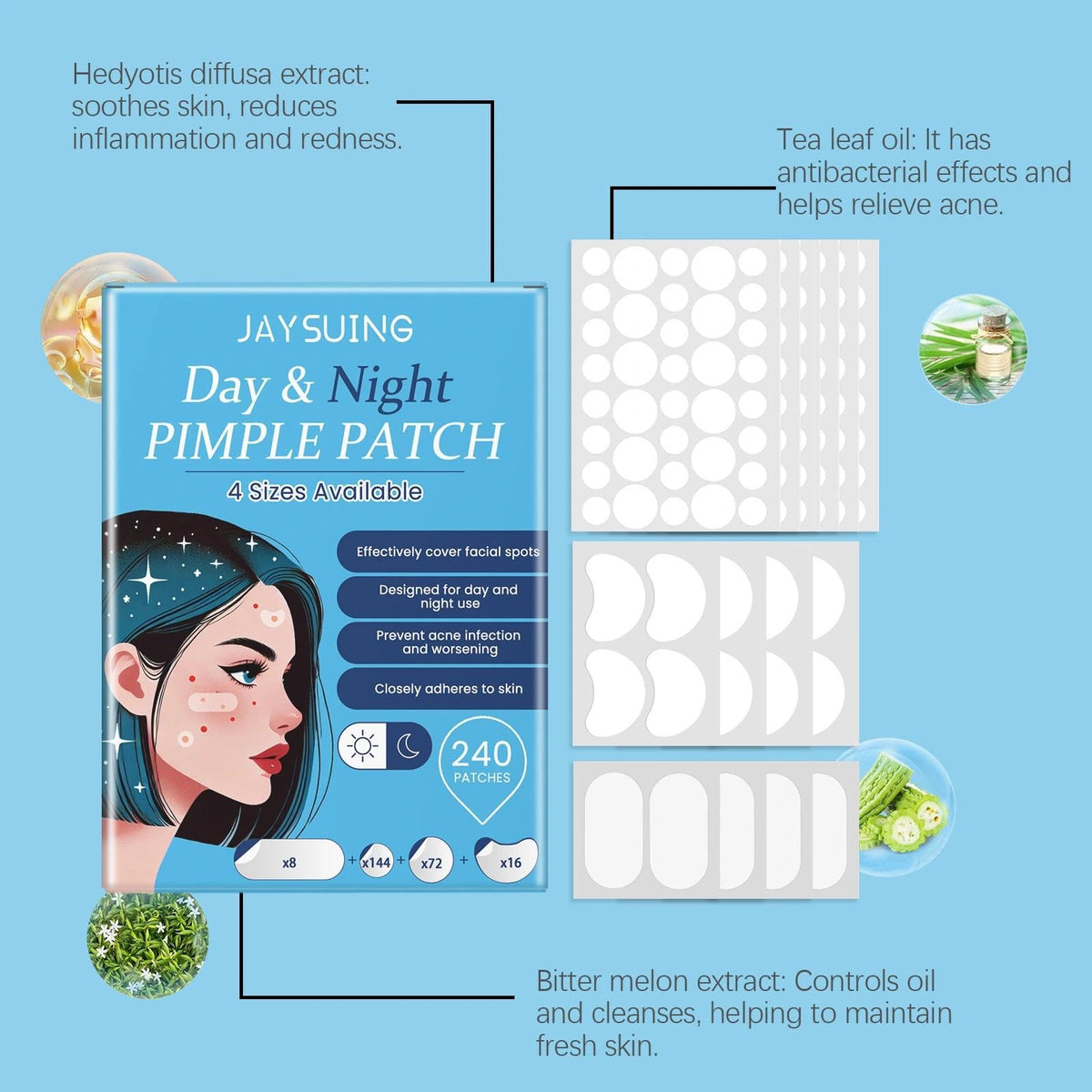EveBeaty 240 Pcs Large Hydrocolloid Acne Patches with Tea Tree Oil, 4 Sizes & Shapes for Face, Large Pimple Patches, Chin, Body & Nose | Fleck Spot Treatment Stickers