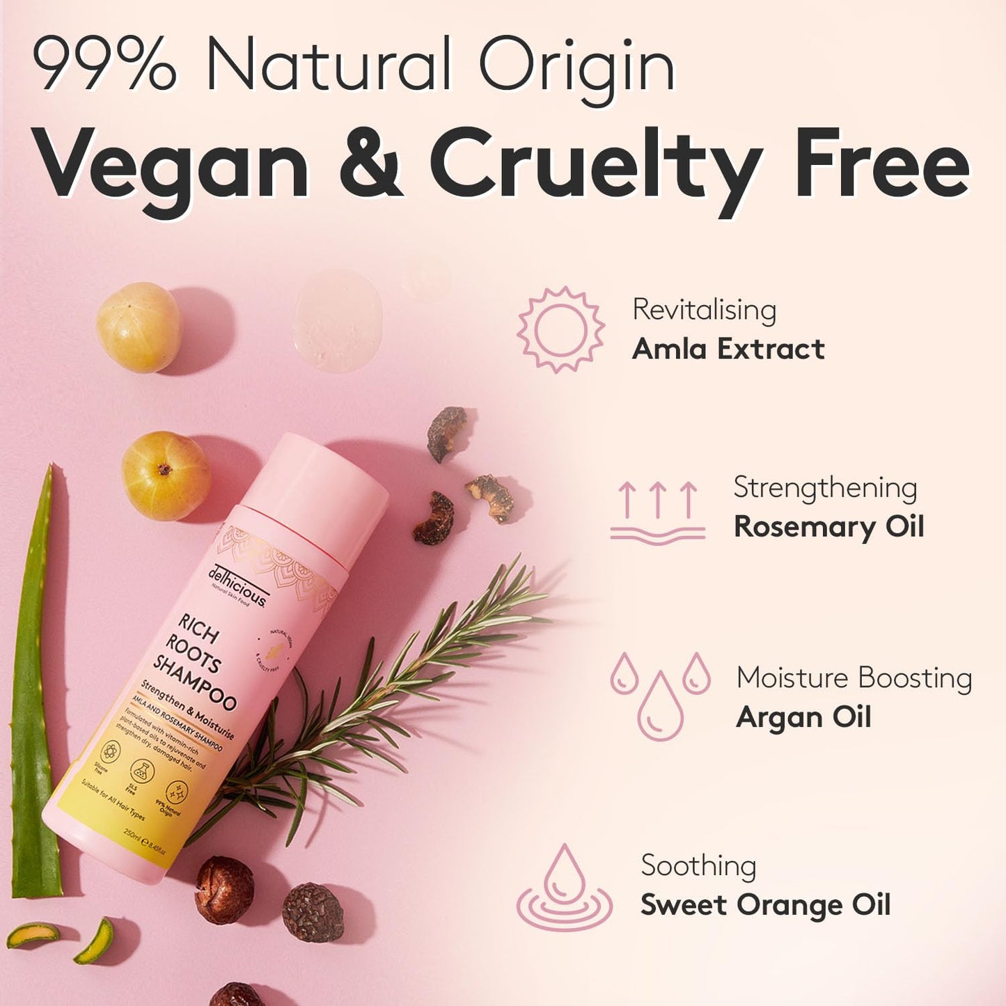 Delhicious Amla Oil & Rosemary Oil Shampoo for Hair Growth - Rich Roots Vegan, Shampoo for Thinning Hair, Damaged Hair - Nourishes Scalp, Adds Shine - Natural, Ayurveda, SLS Free - 250ml