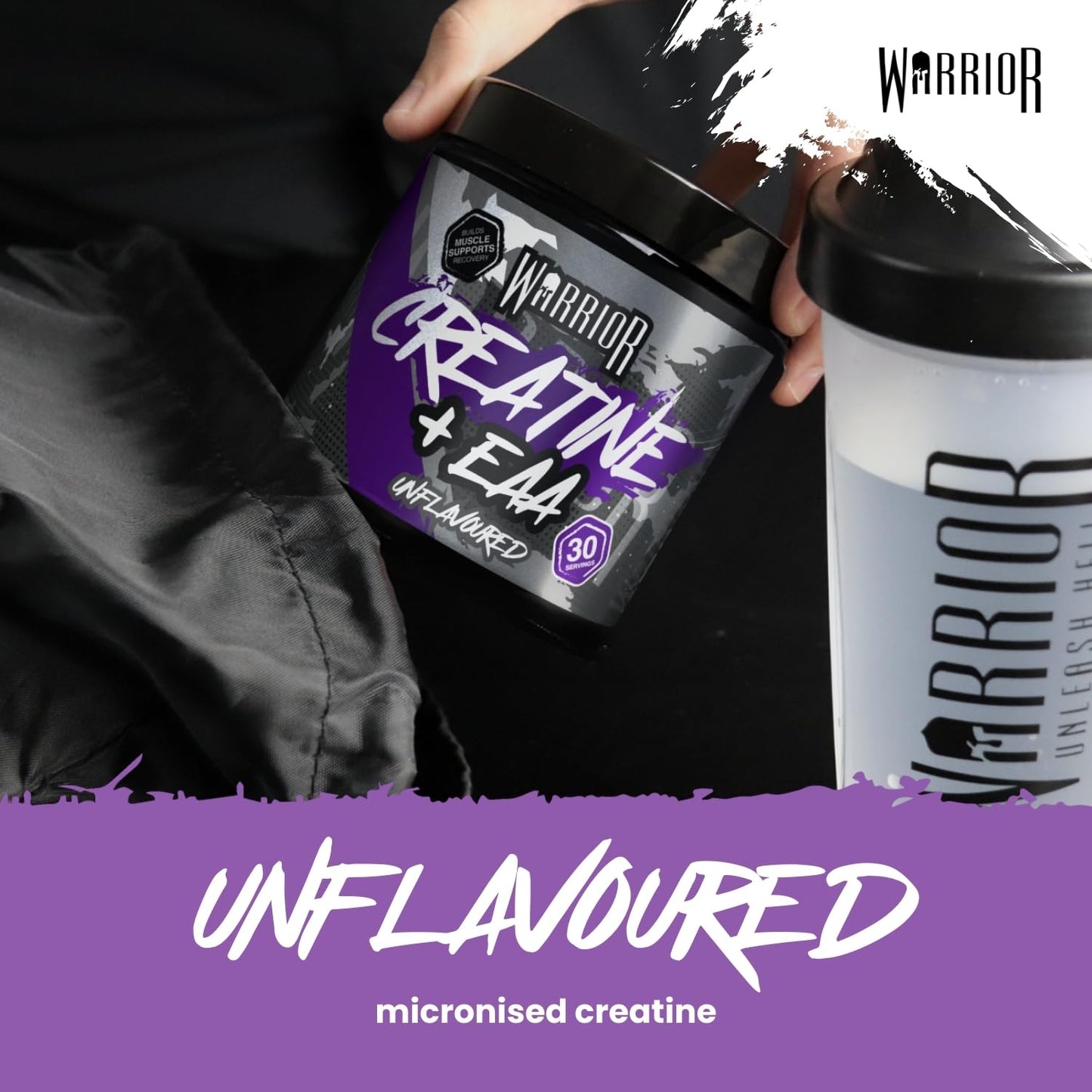 Warrior Creatine Monohydrate Plus EAA – 30 Servings Muscle Recovery & Support Formula with Performance Supplement Essential Amino Acid Powder Pre and Post Workout 270g Unflavoured