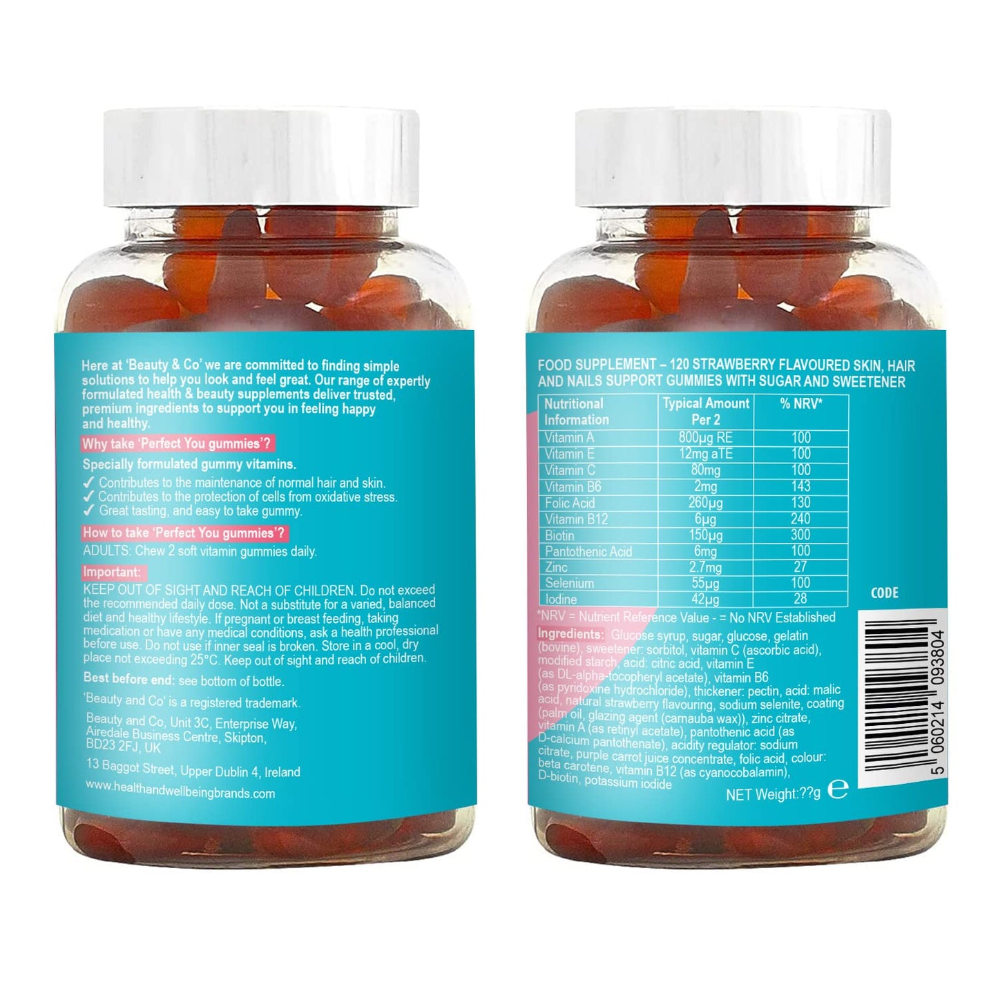 Perfect You Skin, Hair and Nails Gummies - with Biotin, Zinc & Selenium - Strawberry Flavoured Gummies (120 Count)