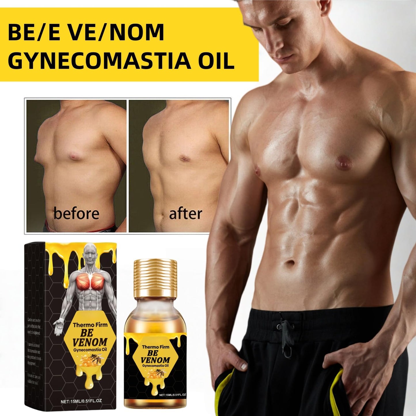 CiLiHai Therm/ofirm Be/e Ven/om Gyneco/mastia Oil,Men's Chest Muscle Oil with Tightening Formula,Gyneco/mastia Heating Oi/l for Strengthening Chest Muscles,Che/st Mus/cle O/il for Body Build & Firming
