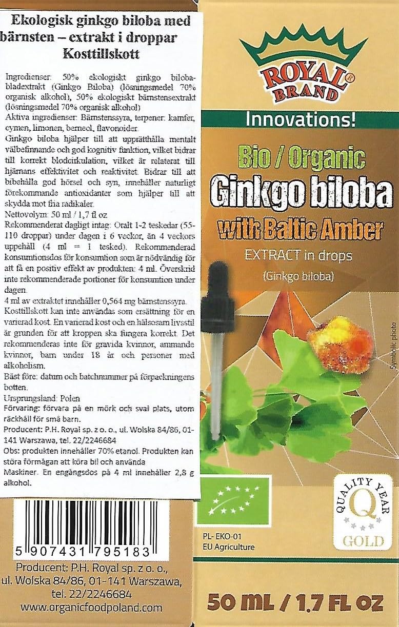 Royal Brand Ginkgo Biloba Organic Extract with Amber Organic Extract/Ginkgo Biloba with Baltic Amber Organic /50 ml/Elixir of Youth, Supports the Body and the Brain/brochure About Amber for Free.