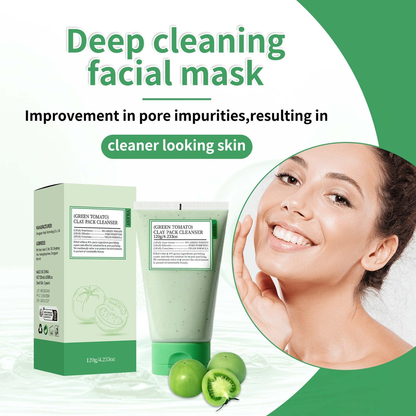 QIEEUMIN Green Tomato Clay Mask Pore Cleanser Pore Purifying with 49% Green Tomato Extract Moisturising Water Locking Antioxidant Sebum & Clogged Pore Care Exfoliation Fragrance-Free 120g