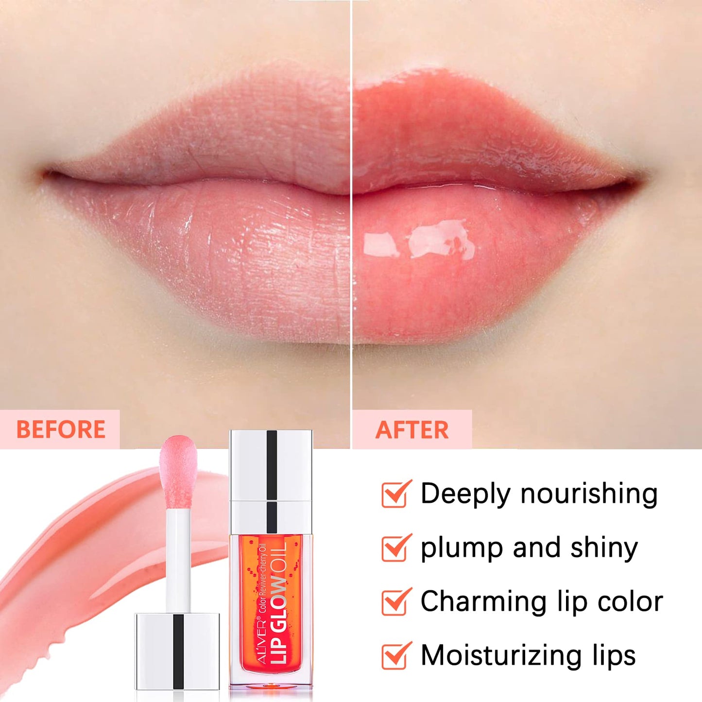 Uocasi Plumping Lip Oil, Hydrating Lip Gloss Tinted Lip Balm Transparent Lip Care, Big Brush Head Glitter Shine, Long Lasting Nourishing Non-sticky Fresh Texture (#2 Coral), 1 count