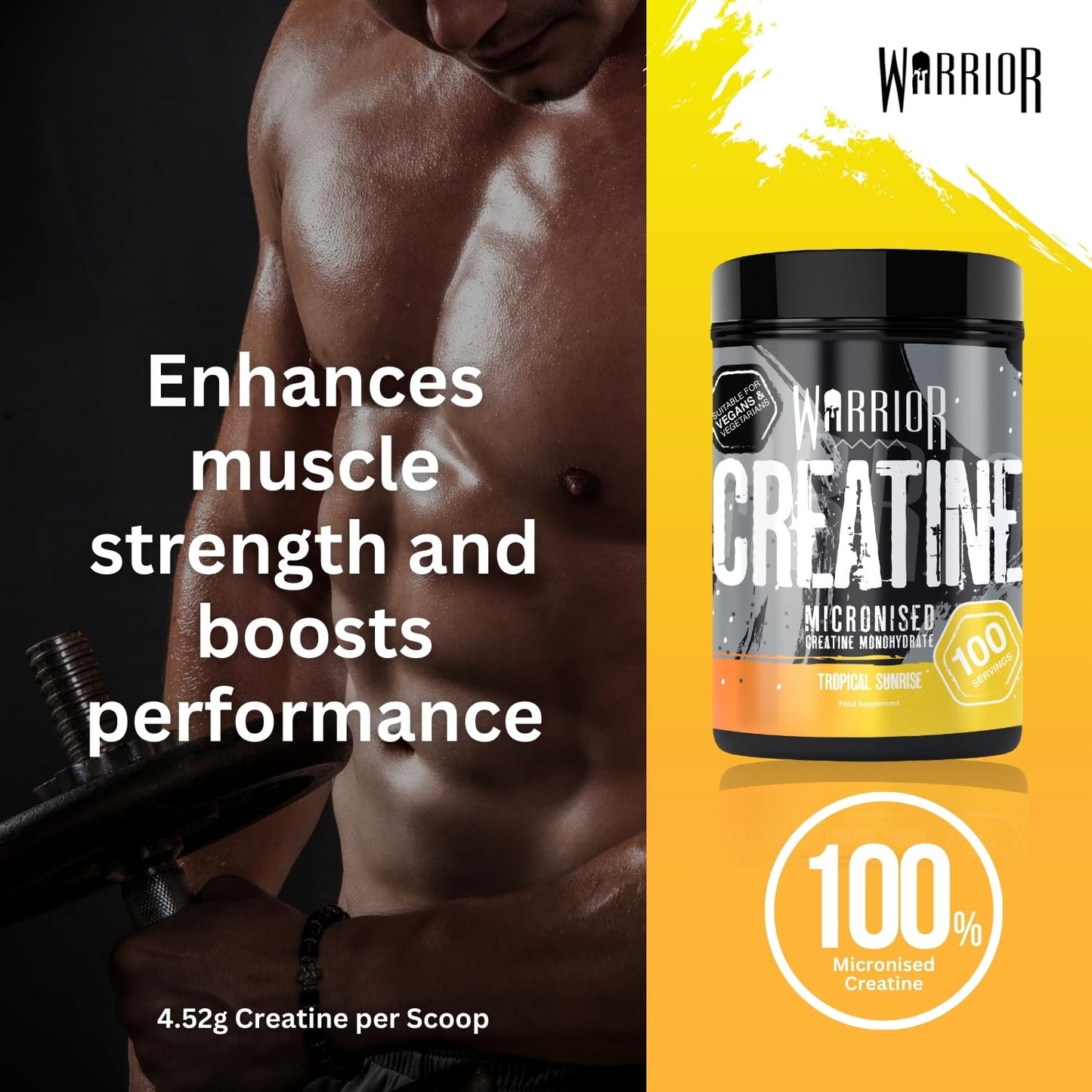 Warrior Creatine Monohydrate Powder – Micronised for Easy Mixing and Consumption – 100% Pure Creatine – Proven to Improve Physical Performance & Recovery, 5g Servings (Tropical Sunrise, 500g)