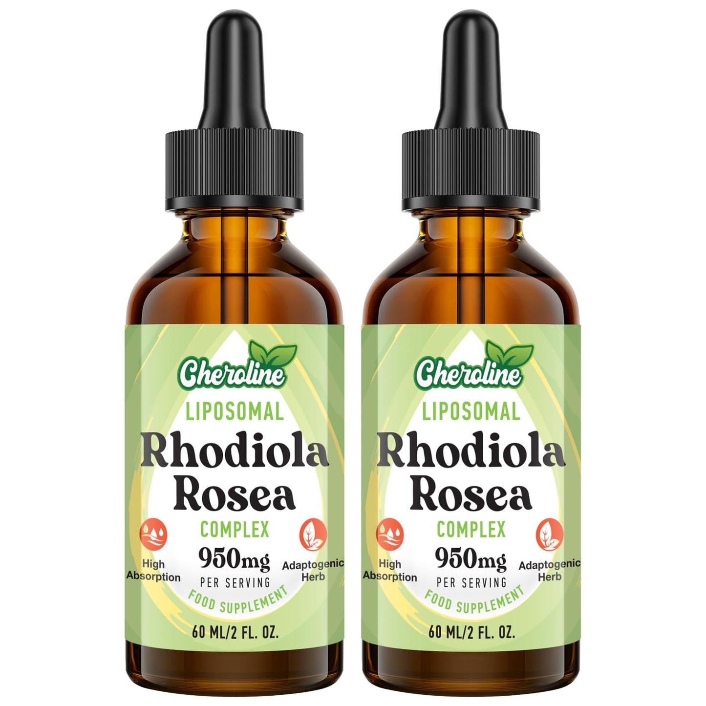 Liposomal Rhodiola Rosea 950 mg, 9-in-1 Rhodiola Rosea Drops 120 ml, Rhodiola Root Liquid Tincture, Vegan Adaptogenic Herb Supplement for Energy, Stress & Mood (Pack of 2)