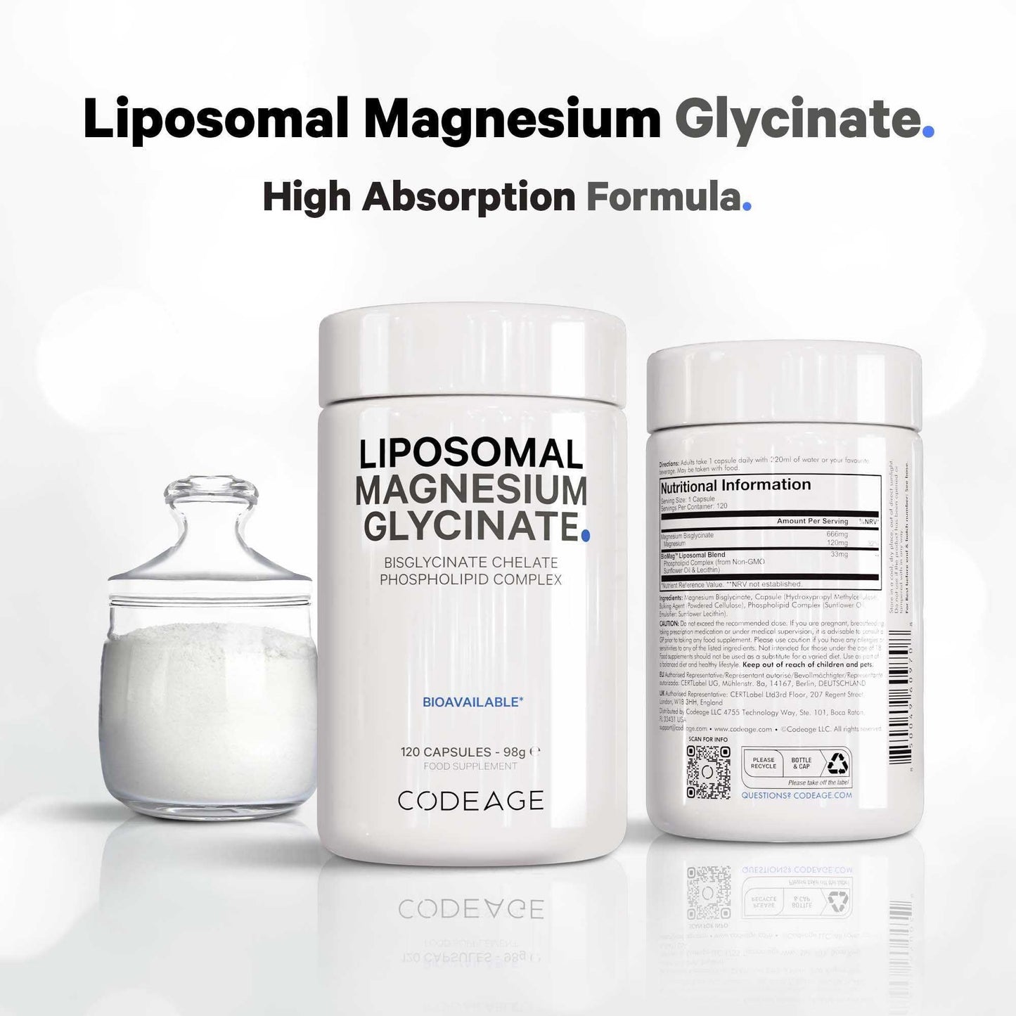 Codeage Liposomal Magnesium Glycinate Supplement, 4-Month Supply, Bisglycinate Magnesium Chelate, Chelated Magnesium Mineral Capsules, Bioavailable Non-GMO Vegan Gluten-Free, 120 Capsules
