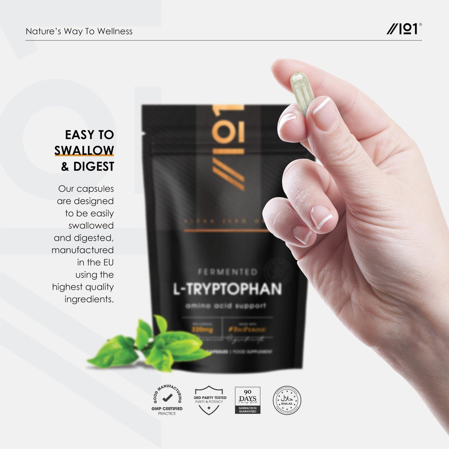 ALPHA01 L-Tryptophan 220mg with BioPerine® - 90 Vegan Capsules – Naturally Fermented L-Tryptophan Supplement with Black Pepper Extract for Increased Bioavailability - 3 Months Supply - By Alpha01