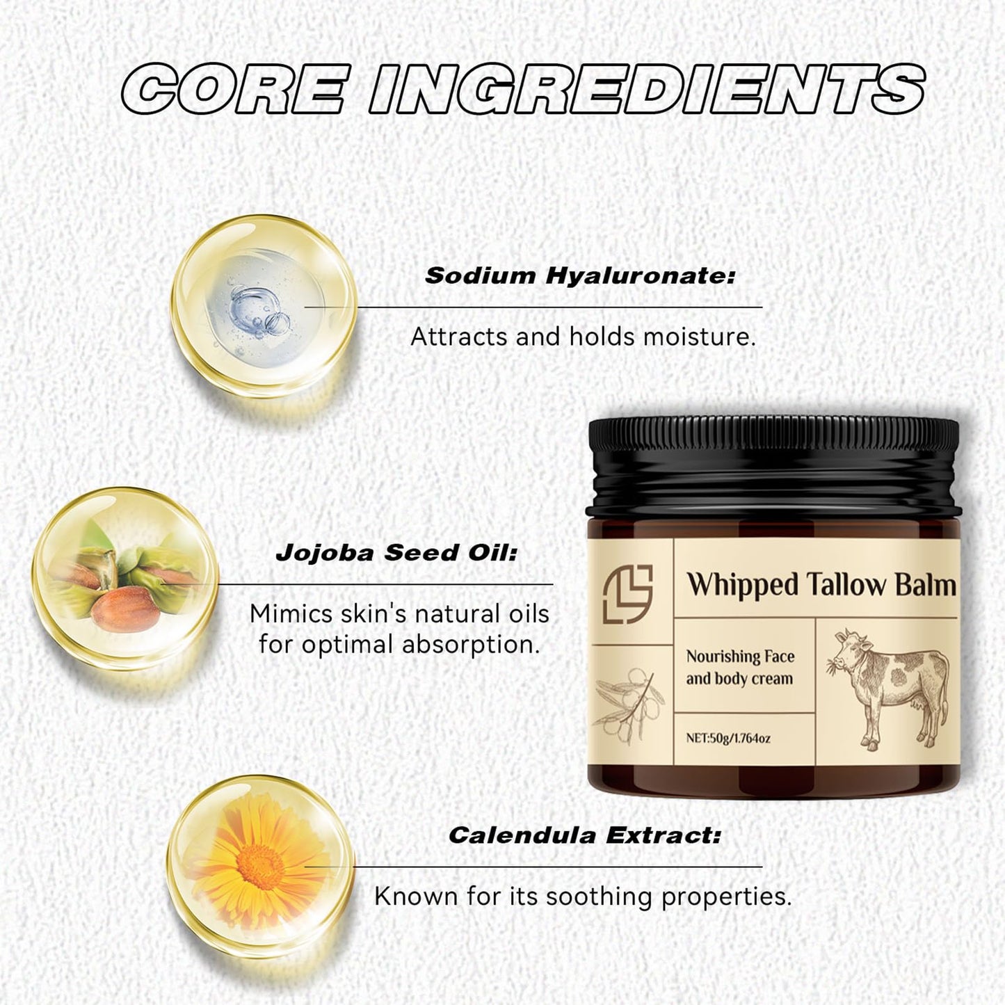 Beef Tallow for Skin | Whipped Tallow Balm | Organic Whipped Tallow with Sodium Hyaluronate & Calendula Extract | Tallow Face Moisturizer | Nourishing Face and Body Cream - Deep Hydration