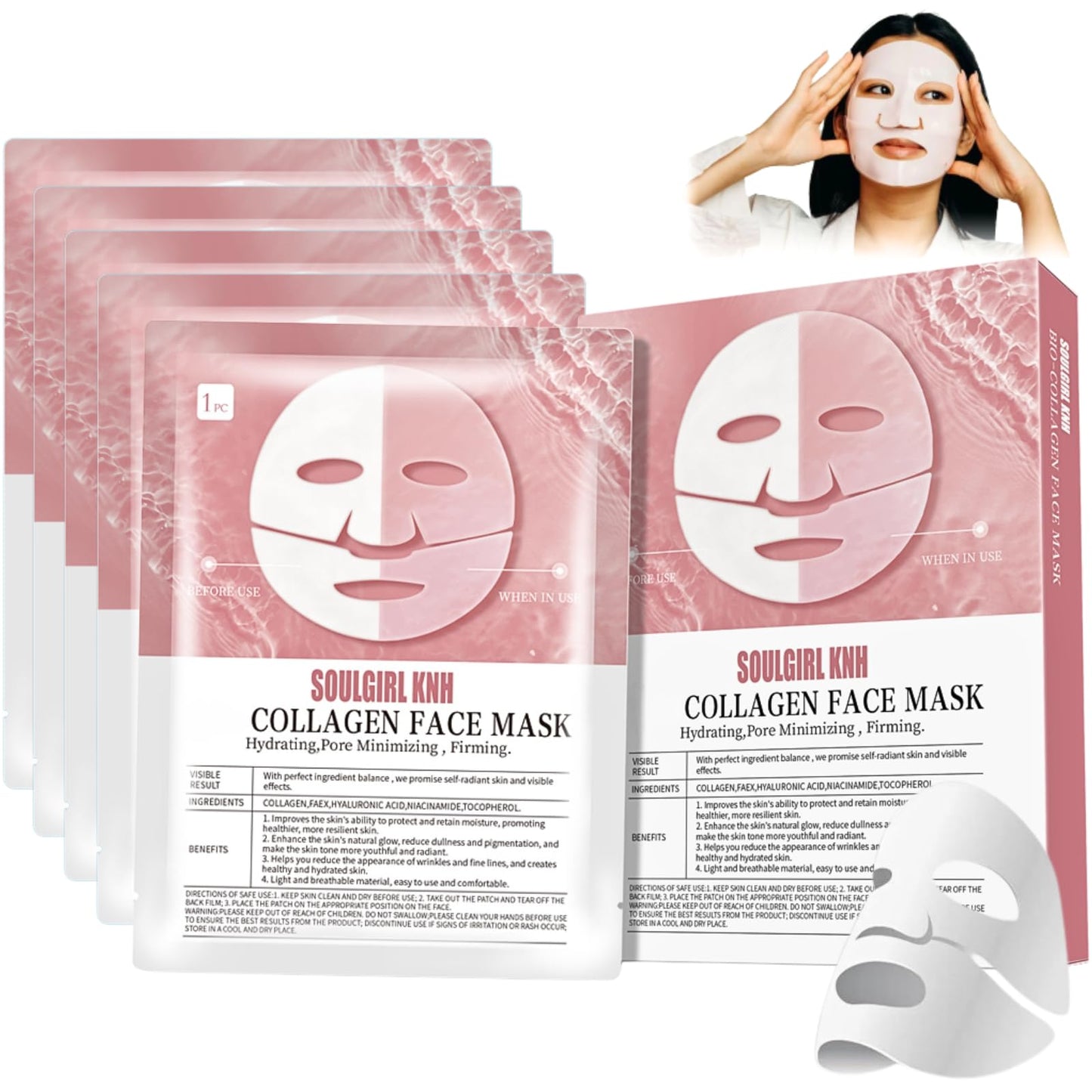 IZBEAUVO Collagen Face Mask, 5PCS Collagen Real Deep Mask, Collagen Mask, Face Sheet Masks, Hydrating Face Mask, Face Masks Beauty, Pore Minimizing, Firming, Elasticity Improvement