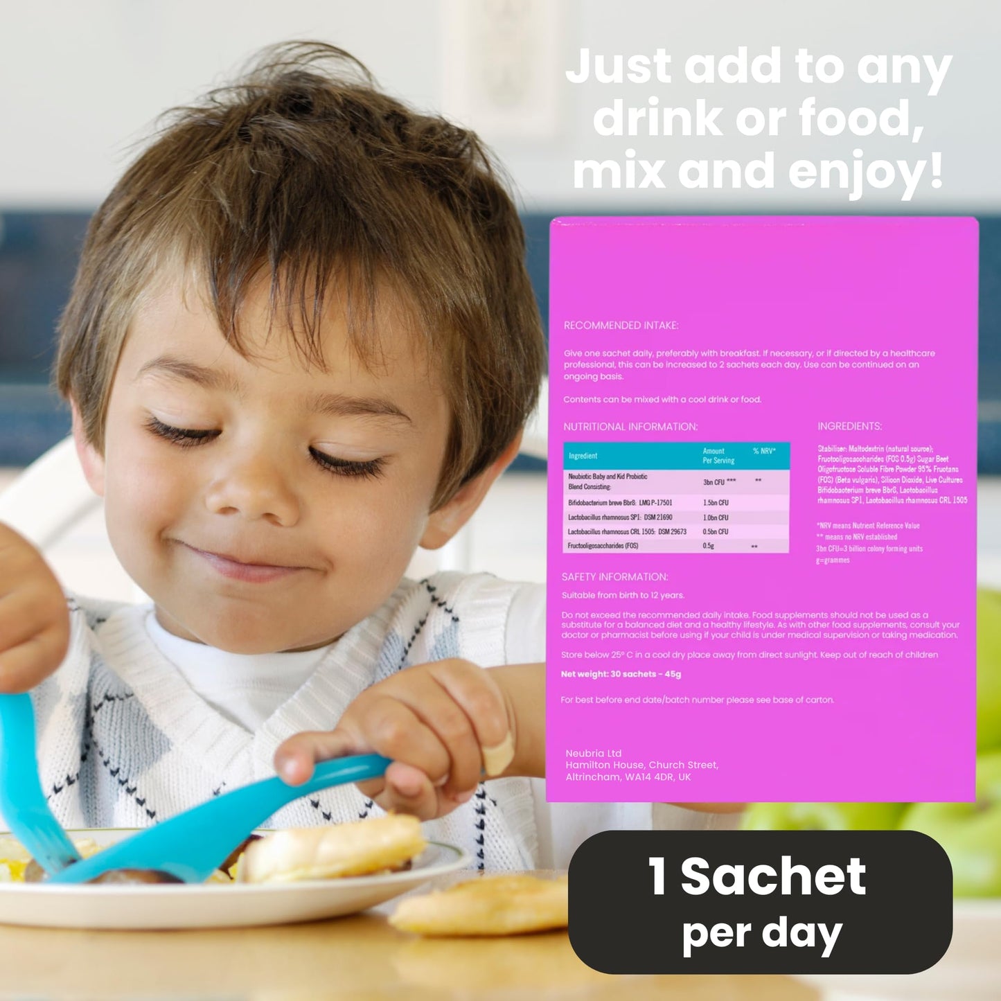 NEUBRIA NEUBIOTIC Baby & Kid - Children Probiotic & Prebiotic Supplement for Gut Health & Digestion – 3 Billion CFU Lactobacillus, Bifidobacterium & Fibres for Babies & Kids – UK Made - 30 Sachets