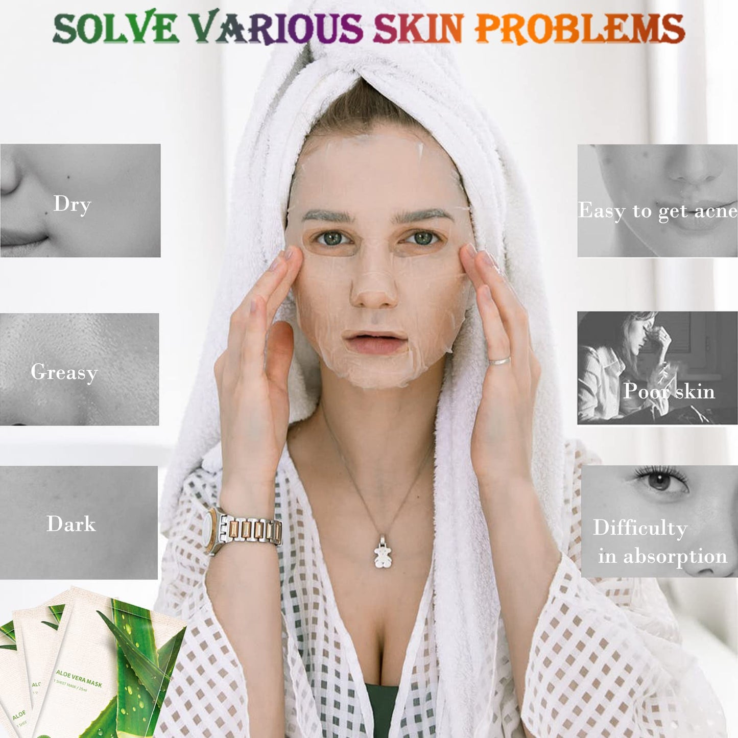 KAYZON Face Masks Skincare, Daily Care Facial Sheet Mask Pack, Aloe Vera Skincare Hydrating & Nourishing & Natural Ingredients for All Skin Types Moisturizing Essence Skincare (10pcs)