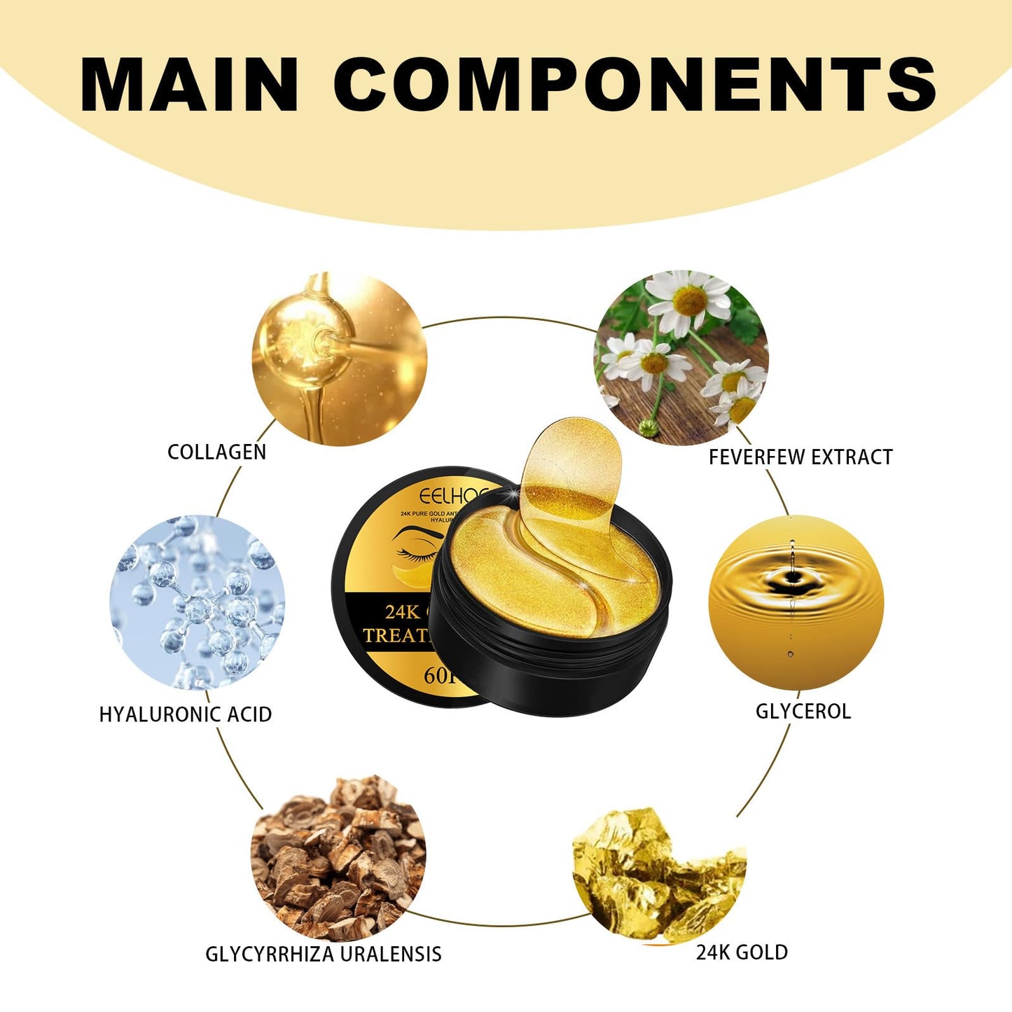 QUIWEN 24k Gold Eye Masks For Puffy Eyes & Dark Circles - Under Eye Mask Remove Eye Wrinkles, Collagen Eye Patches, Enhance Eye Areaimprove Gloomy, Brighthe, Hydrating(60pcs)