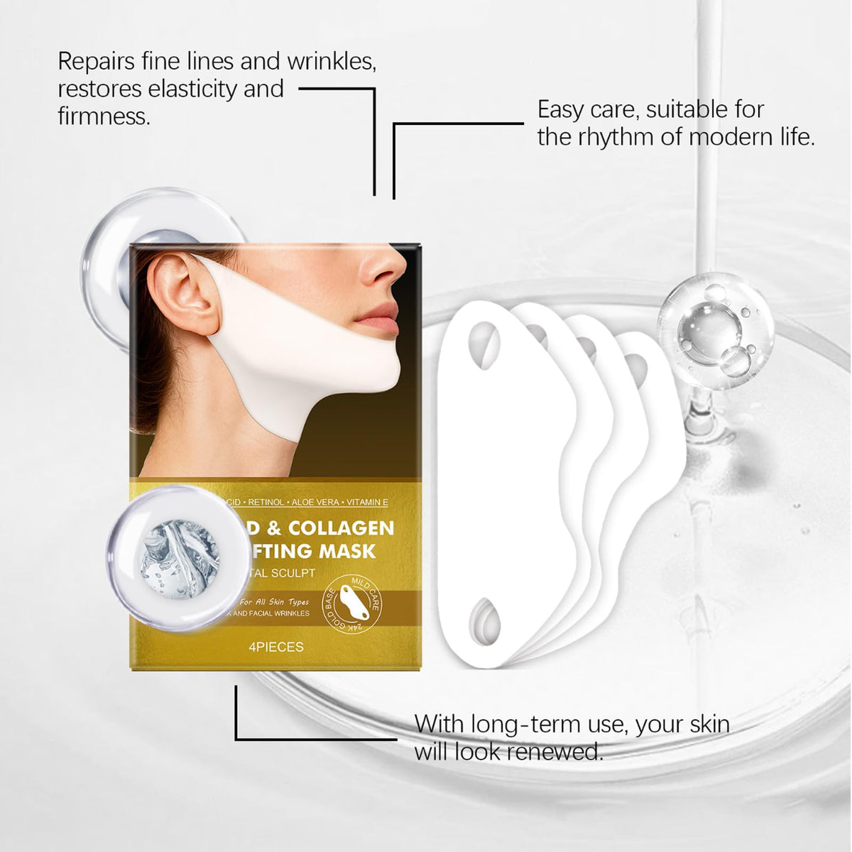 DEGHOUY 4 Pack V-Line Lifting Mask | 24K Gold & Collagen Face Mask, Anti-Aging Jawline Shaper Mask for Face Lift | Hyaluronic Acid & Vitamin E