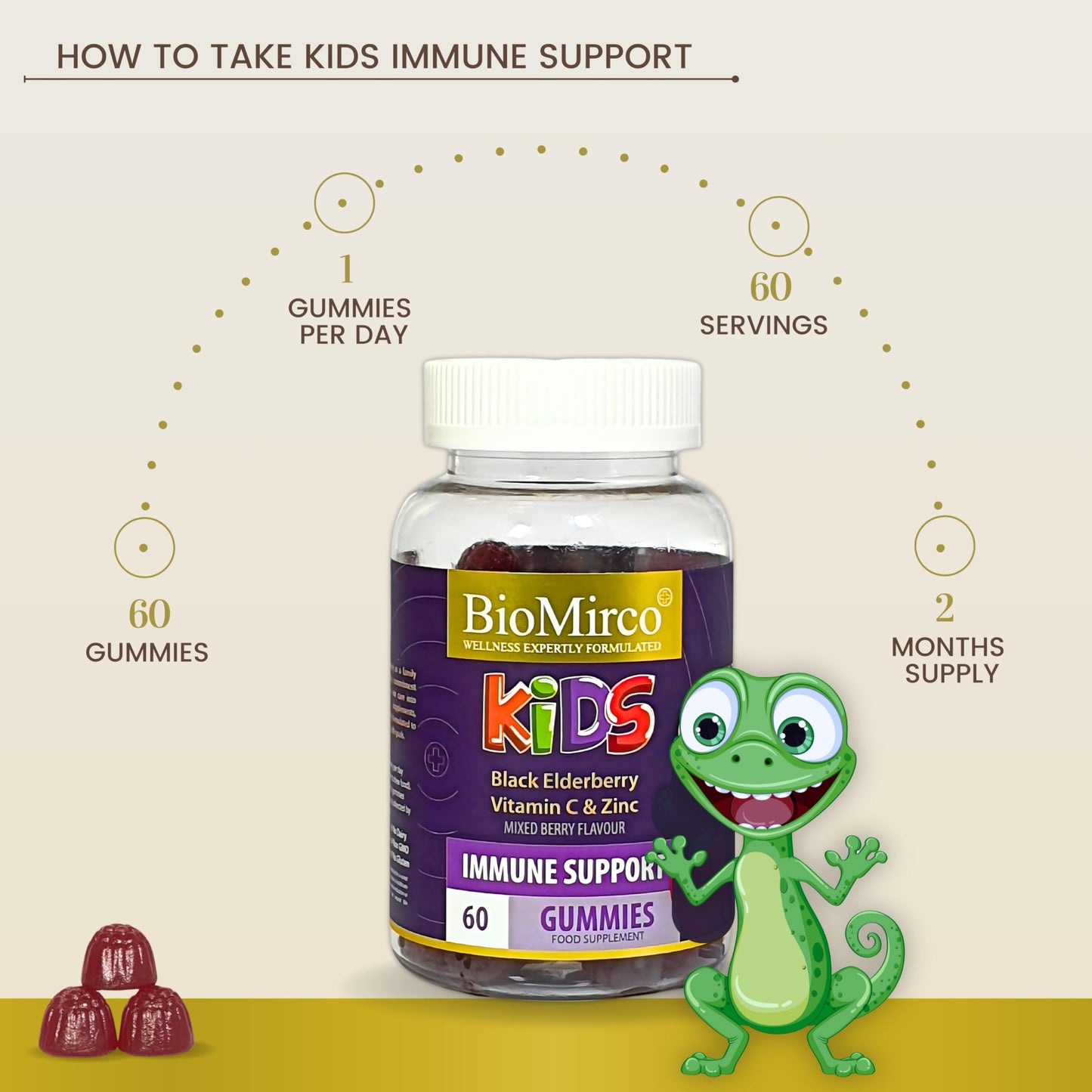 Bio Mirco Kids Triple Immunity Complex, Immune Boosting Gummies for Kids, Vitamin C, Zinc and Elderberry, 60 Gummies – 2 Month Supply, Elderberry Flavour, Great Tasting,Support Immunity and Overall Wellness