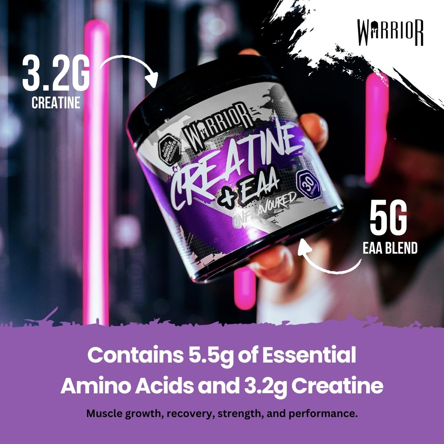 Warrior Creatine Monohydrate Plus EAA – 30 Servings Muscle Recovery & Support Formula with Performance Supplement Essential Amino Acid Powder Pre and Post Workout 270g Unflavoured