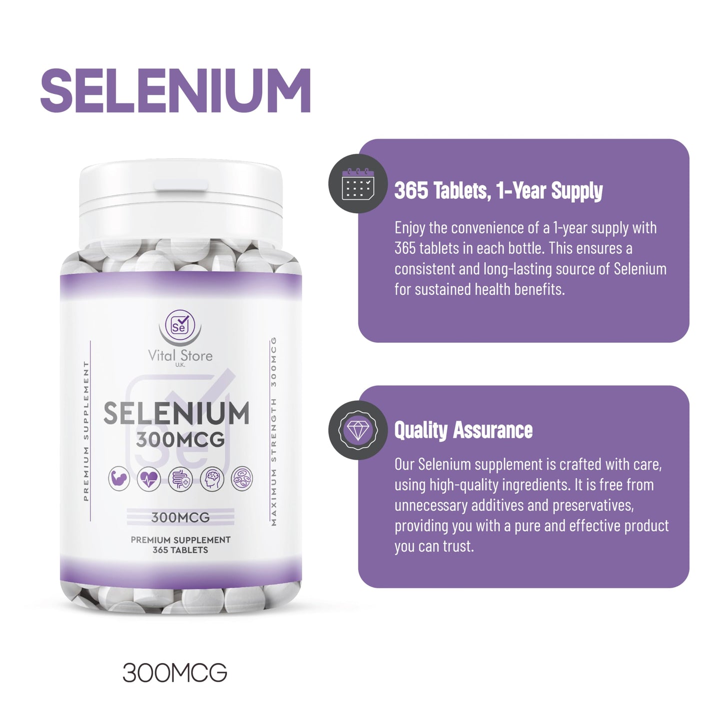 Selenium 300MCG - 1 Year Supply 365 Tablets - Antioxidant, Immune Support Vegan Selenium Supplement