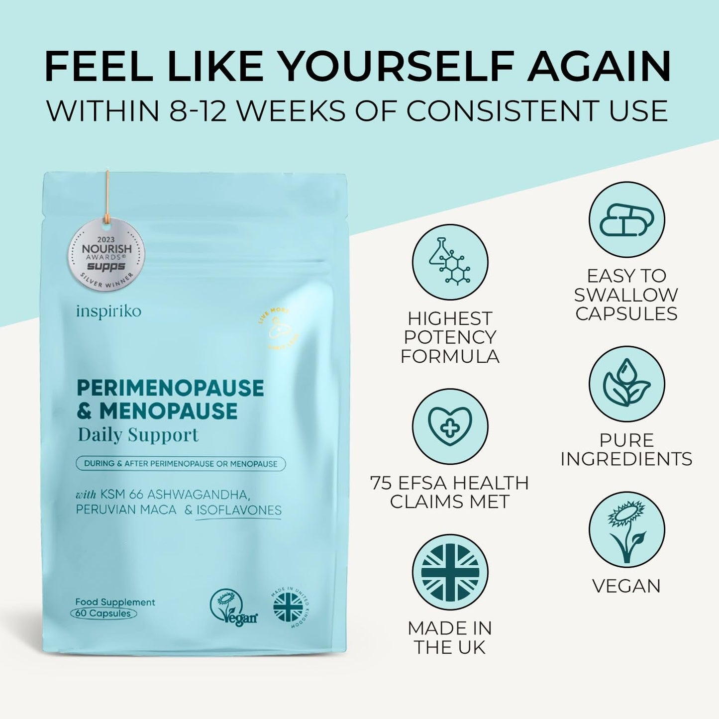 Inspiriko Perimenopause & Menopause Supplements - 18-in-1 Menopause Complex with Phytoestrogens, SOYA Isoflavones, Perimenopause Vitamins & Minerals for Hormone Balance for Women, 60 Vegan Capsules