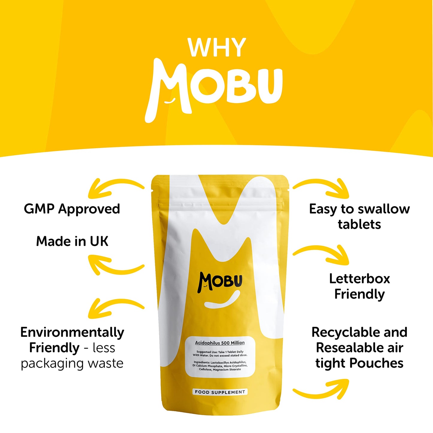 MOBU - Acidophilus Lactobacillus 50mg Probiotic - 500 Million CFU - Supports Healthy Gut Microbiome and Digestion System - Reduce Bloating - UK Made - GMP Approved - 120 Tablets