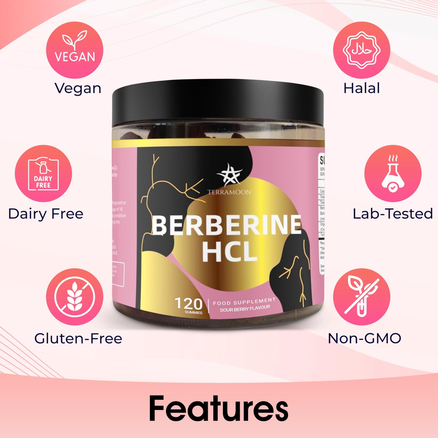 TERRAMOON Berberine HCL 98% 2000mg, 120 Gummies, 60 Day Supply, Sour Berry Flavour, with Ceylon Cinnamon 300mg, Turmeric Extract 200mg