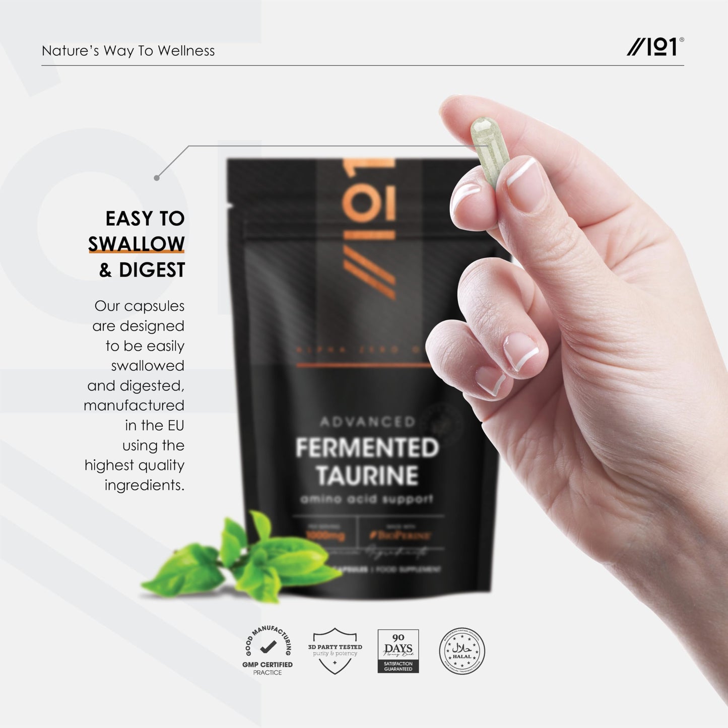 Fermented L-Taurine 1000mg with BioPerine® - 90 Vegan Capsules - High Strength Energy & Endurance Sports Supplement - 3 Months Supply by Alpha01