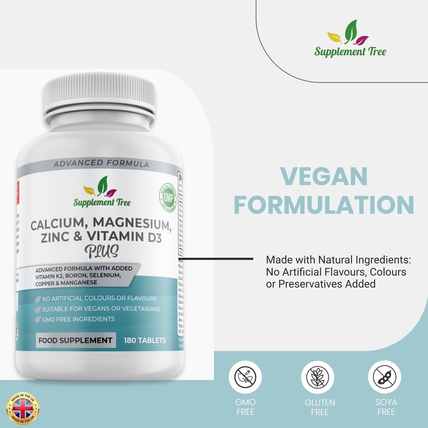 Calcium Magnesium Zinc and Vitamin D Supplement - 180 Vegan Tablets - High Strength Calcium Complex with Vitamin K2 MK-7 Copper Manganese Selenium & Boron- UK Made by Supplement Tree