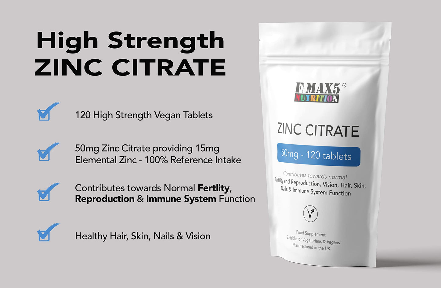 formula max5 nutrition Zinc Citrate 50mg | 120/360 Tablets | One a Day | Easy to Swallow | Immune Health | Food Supplement (120)